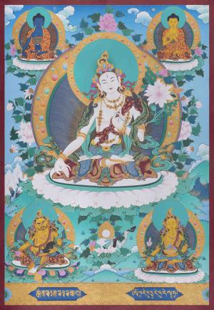 Beautifully Hand-Painted White Tara Thanka with Medicine Buddha, Vairocana, Dzambala and Arya Tara